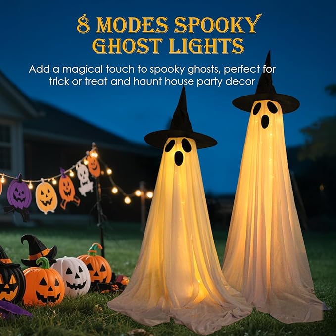 2 Packs Halloween Decorations Outdoor, Light Up Ghost Decorations with 8 Modes & Timer, Battery Operated Halloween Lights Spooky Ghost Decor for Front Porch Yard Lawn Haunted House Party Decor