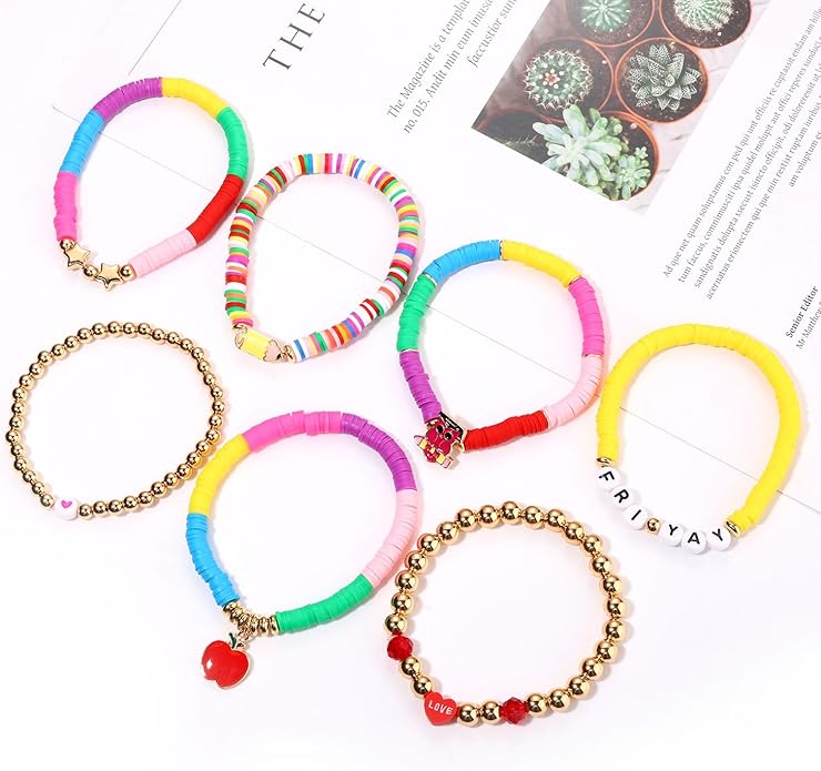 Surfer Heishi Bracelets for Women Stackable Rainbow Vinyl Disc Clay Beaded Stretch Bracelets Elastic Layering Friendship Bracelets Boho Summer Beach Jewelry