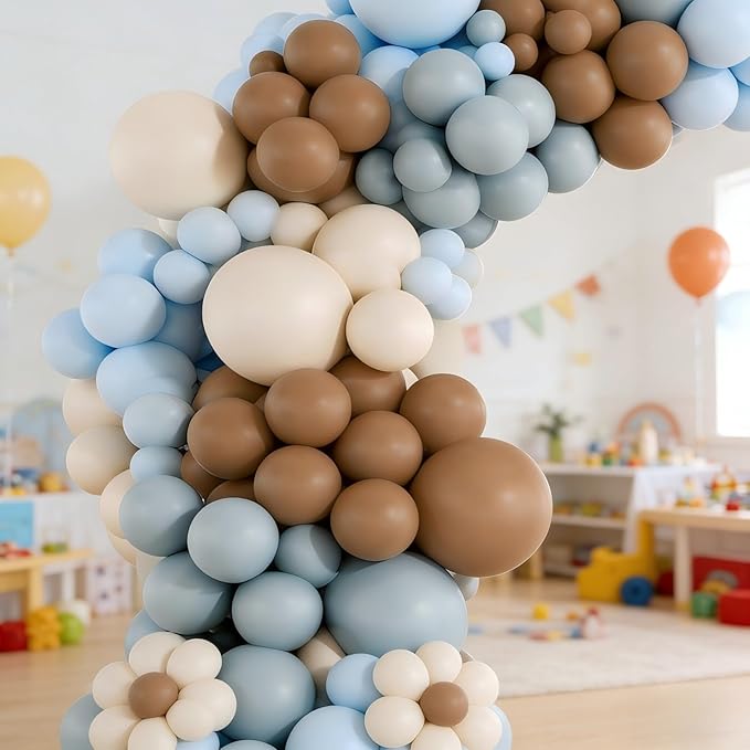 160Pcs Dusty Blue and Brown Balloon Garland Arch Kit Brown White Light Blue Balloons Balloons for Bear Baby Shower Gender Reveal Birthday Party Decorations