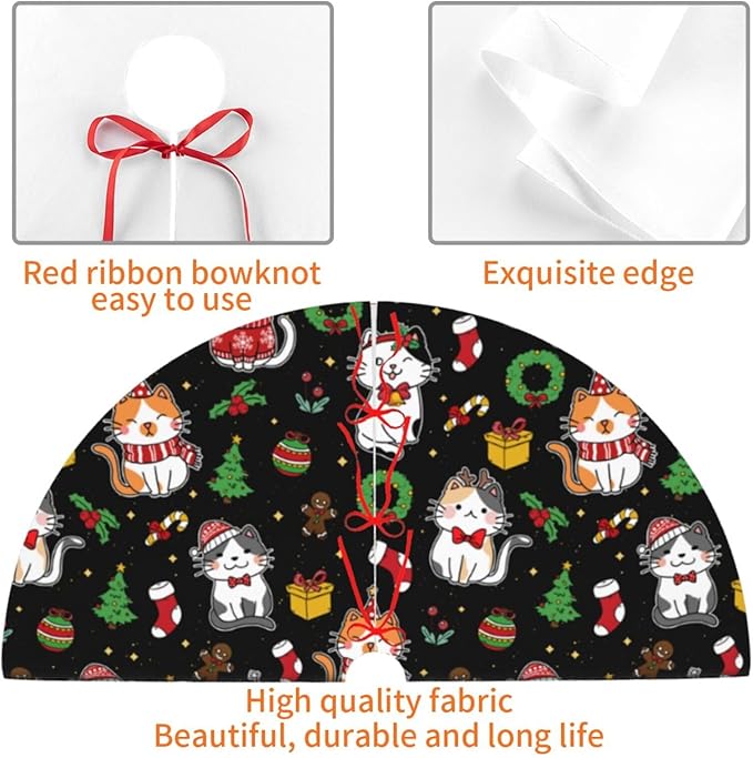Funny Cats Christmas Tree Skirt, 30 Inch Xmas Tree Mat for Holiday Party Home Decor Indoor Outdoor Use with Adorable Cat Designs 30"