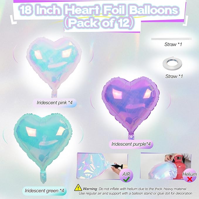 Iridescent Heart Balloons, 12Pcs 18Inch Transparent Crystal Heart Foil Balloon, Gradient Iridescent Pink Purple Green Balloon for Girls Women Princess Mermaid Birthdays Wedding Easter Party Decoration