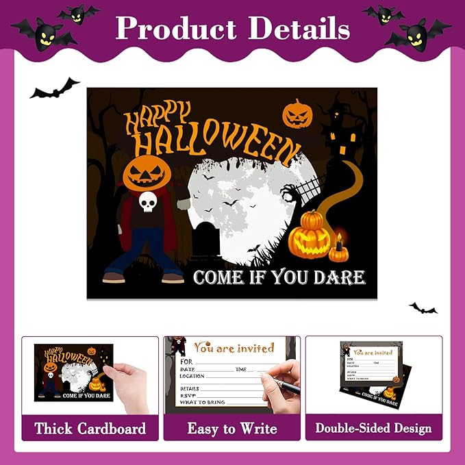 SICOHOME Halloween Party Invitation Card for Kids Adults - 12pcs 5"x 7" Halloween Invitations with Envelopes Fill In Blank Invites for Scary Spooky Themed Party Birthday Baby Shower