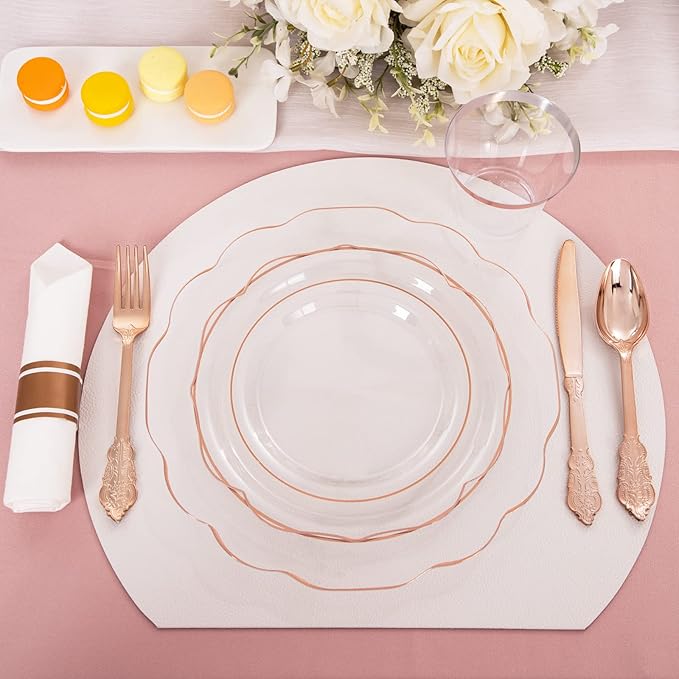 NOCCUR 350PCS Rose Gold Plastic Plates - Clear Rose Gold Disposable Dinnerware Set - Include 100 Dinner/Dessert Plates,50 Cups,50 Pre Rolled Napkins with Cutlery Set - Ideal for Party/Easter Day