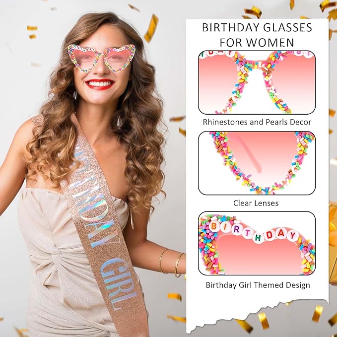 Birthday Girl Sash, Birthday Sash for Girls and Women with Birthdays Glasses Glitter Pink Birth day Decorations for Women Happy Birth day Sash for Birthday Party Supplies