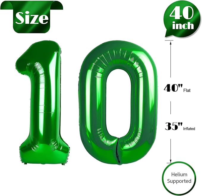 Green Number 10 Balloon 40 inch, 10 Number Balloons, 10th Green Birthday Decorations, 10 Year Old Girls Boys Party Supplies, St. Patrick's Day Games Theme Birthday Decorations