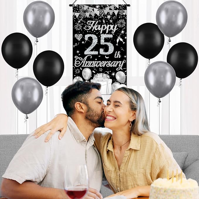 Happy Anniversary Decorations Small Banner Black Silver Happy 25th Anniversary Cruise Door Hanging Banner Porch Front Door Decor for Women Men 25 Years Silver Wedding Anniversaries Party Sign Supplies