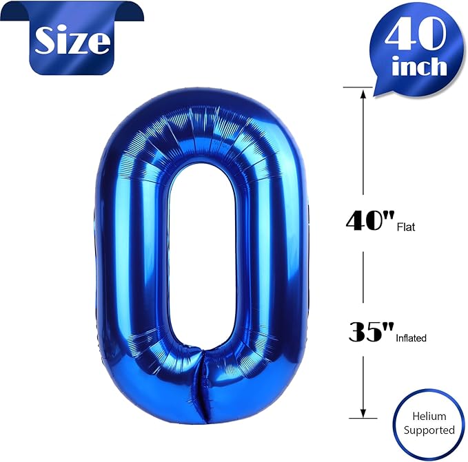 Metallic Blue Number 0 Balloon 40 Inch, 0 Balloon Number for 10th 20th 30th 40th 50th 60th Birthday Decorations, Metallic Blue Party Supplies