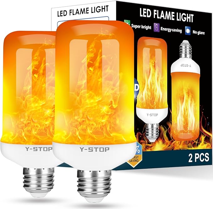 Y- STOP LED Flame Light Bulbs, Upgraded 4 Modes Fire Light Bulb with Upside Down Effect, E26 Base Flickering Light Bulb for Halloween Decorations, Christmas, Outdoor, Indoor, Home Decor, White, 2 Pack