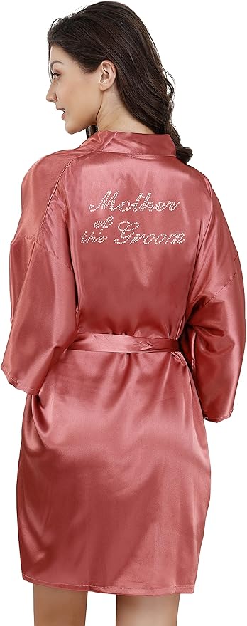 EPLAZA Women's One Size Silver Rhinestones Bride Bridesmaid Short Satin Robes for Wedding Party Getting Ready