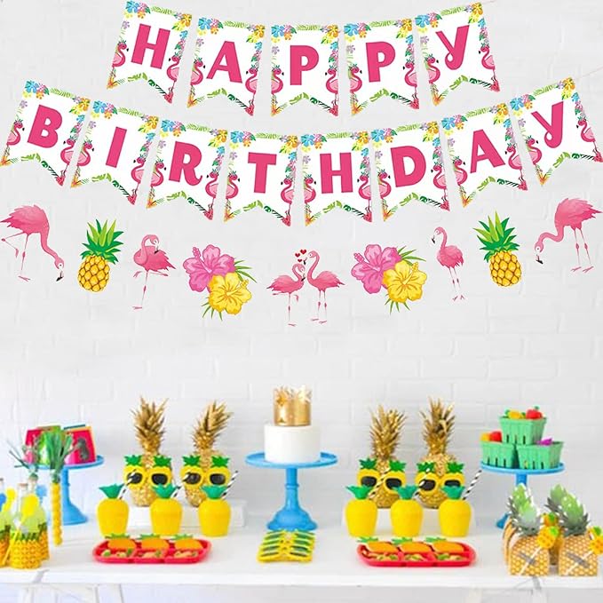 Zwiebeco Flamingo Happy Birthday Party Decoration Tropical Hawaiian Summer Supplies Pineapple Banner Bunting Garland for Kids Adults Aloha Luau Theme Accessories