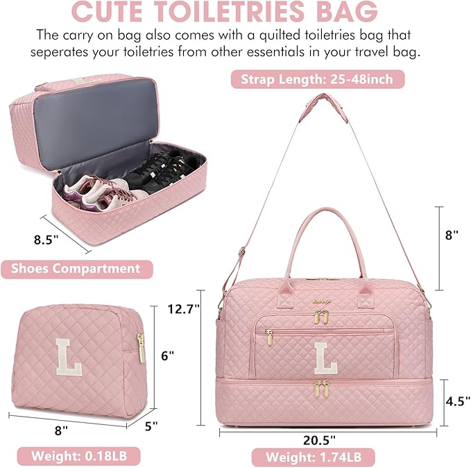 Initial Travel Duffle Bag for Women - Pink Personalized Weekender bags Overnight Bag with Shoe Compartment & Wet Pocket Weekend Tote Bags with Toiletry Bag Monogram Christmas Gifts (Letter L)