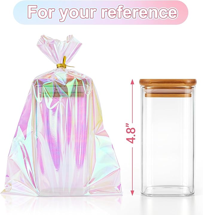 50Pcs Iridescent Cellophane Treat Bags with Ties, 6x9 Inch Holographic Plastic Goodie Baggies for Party Favors, Candy, Cookies Packing, Gift Wrapping