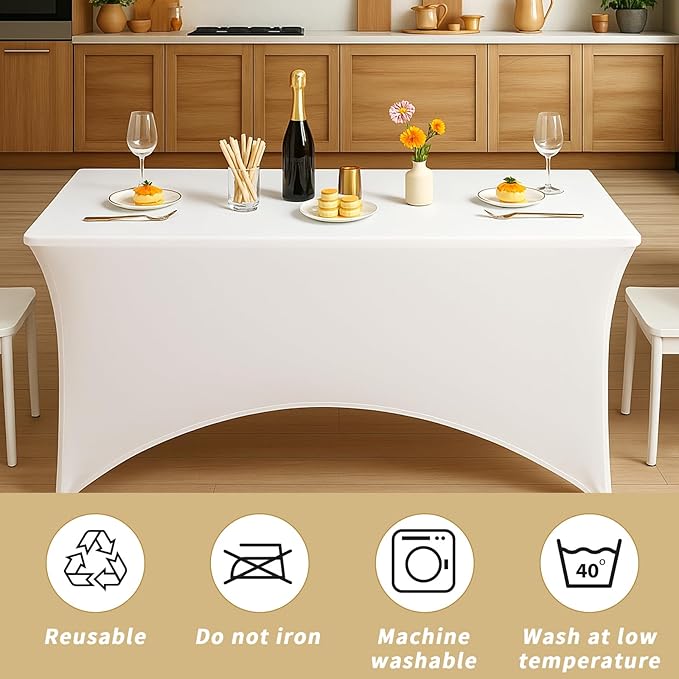 Fixwal 3 Pack White Table Cloths Rectangle 8FT, Tablecloths Rectangular Stretch Spandex Fitted Table Covers 8FT for Parties, Trade Shows, Banquet, Weddings, Buffet, Graduation Decorations