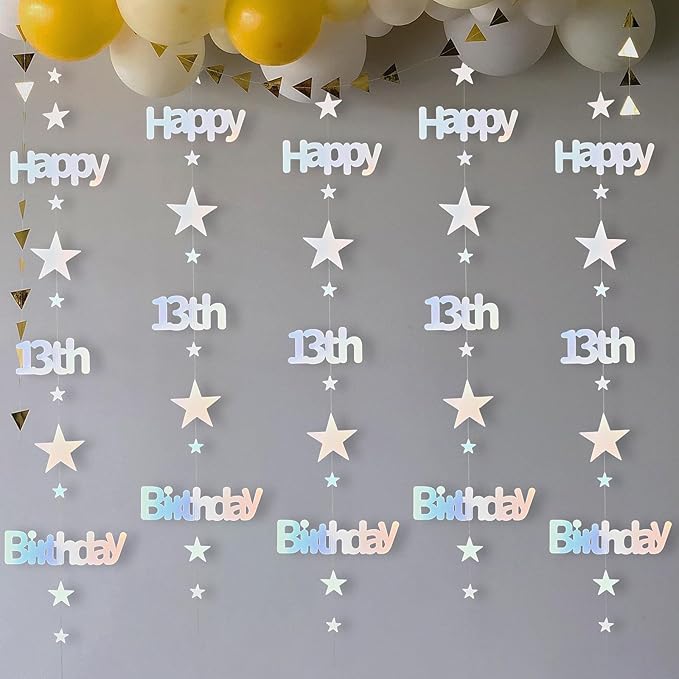 13th Birthday Decorations for Girls Iridescent Metallic Twinkle Star Garlands Sign Hanging Swirls Streamer 13 Year Old Official Teenager Happy Birthday Banner Thirteen Party Decor