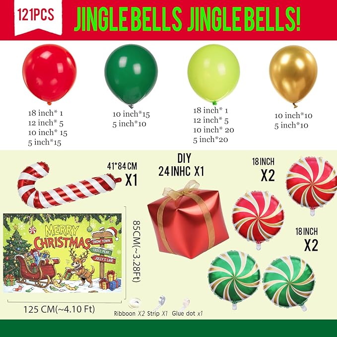 Christmas cartoon style party decorations include green red and gold balloon arch kit & candy canes lollipops gift boxes foil balloons & backdrop for Christmas New Year's Eve party decorations.