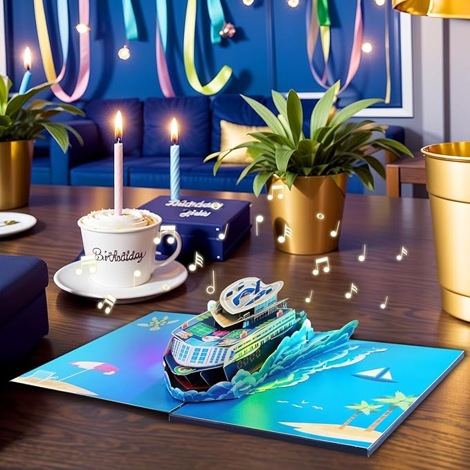 Musical Cruise Ship Pop Up Card, Light & Music Dad Birthday Cards, 3D Father's Day Card, Music Pop Up Birthday Card, Happy Anniversary Card, for All Occasion with Envelope.