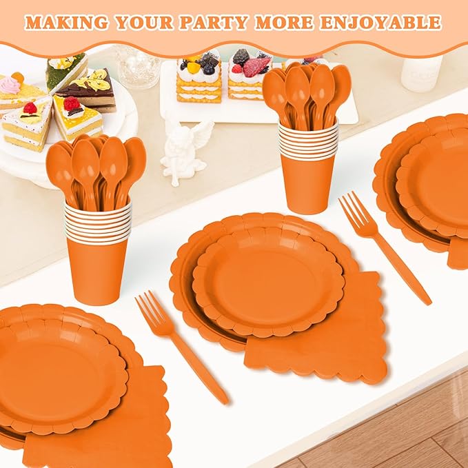 Vyntra 175 Pcs Orange Disposable Paper Plates and Napkins Set for 25, 9" Dinner Plates & 7" Dessert Plates, Tableware for Halloween, Fall Party, Birthday, Picnic