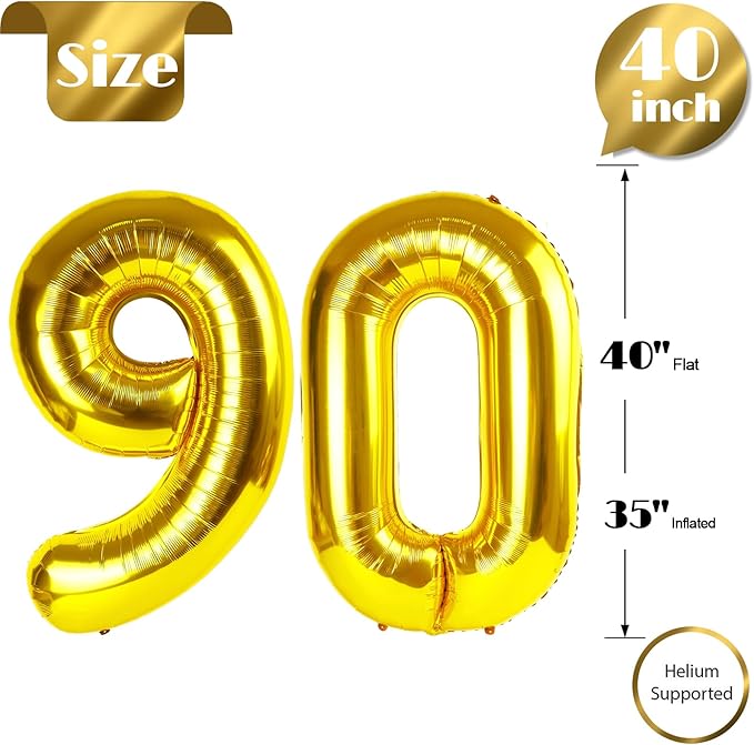 Gold Number 90 Balloon 40 inch, 90 Number Balloons, 90th Gold Birthday Decorations, 90 Year Old Women Men Golden Party Supplies