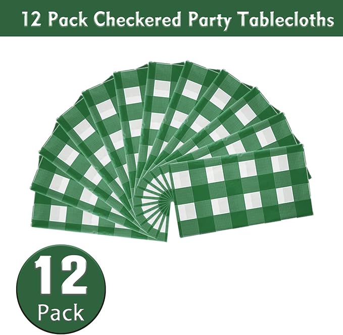 Kesfey 12 Packs Green and White Checkered Tablecloths Party Picnic Disposable Table Covers 54 × 108 Inches Splashproof Plastic Checkered Gingham Tablecover for Outdoor Dinners Party Retro Celebrations