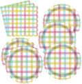 50PCS Easter Gingham Party Supplies - 7Inch Colorful Buffalo Plaid Scalloped Paper Plates and Napkins Set Disposable Dinner Cutlery for Easter Baby Shower Birthday Party, Serve 25