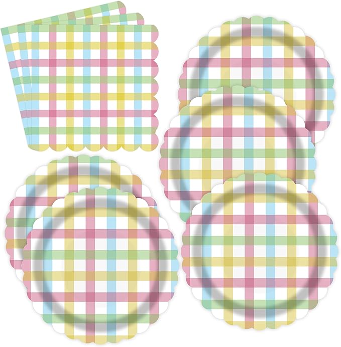 50PCS Easter Gingham Party Supplies - 7Inch Colorful Buffalo Plaid Scalloped Paper Plates and Napkins Set Disposable Dinner Cutlery for Easter Baby Shower Birthday Party, Serve 25