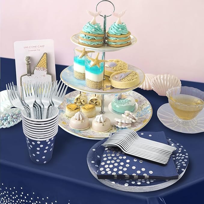Serve 25 Guests Navy Blue Plates and Napkins Party Supplies,Blue and Silver Birthday Plates Napkins Cups Tablecloth Disposable