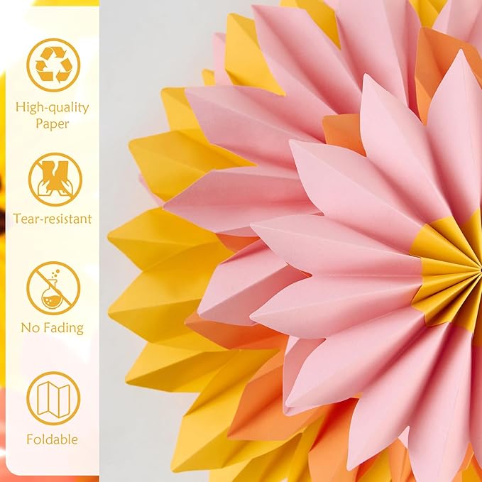 Orange Yellow Paper Fan, Pink, Orange and Yellow Paper Flowers for Sunflower Party Decorations, Paper Flowers Decorations for Wall, Sunflower Birthday Decor, Baby Shower, Classroom Decor