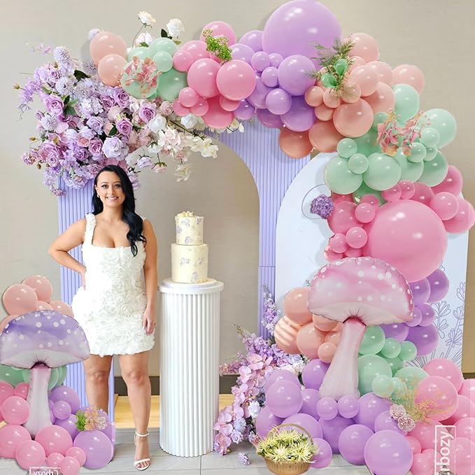 143Pcs Fairy Wonderland Balloon Arch Garland Kit, Pastel Pink Purple Dusty Green Latex Balloons with Mushroom Foil Balloons for Girls Fairytale Birthday Spring Baby Shower Garden Tea Party Decorations