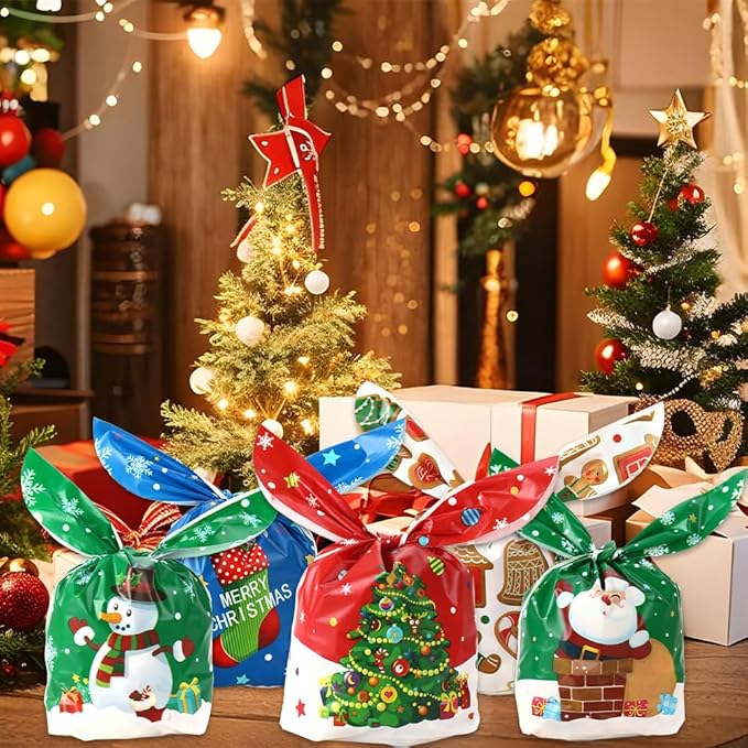 Christmas Treat Bags, 100 Pcs Xmas Plastic Cellophane Goodie Candy Cookie Rabbit Ears Gift Bag, Plastic Snack Goody Present Wrapping Bag for Christmas Holiday Event Party Favors Decoration (5 Designs)