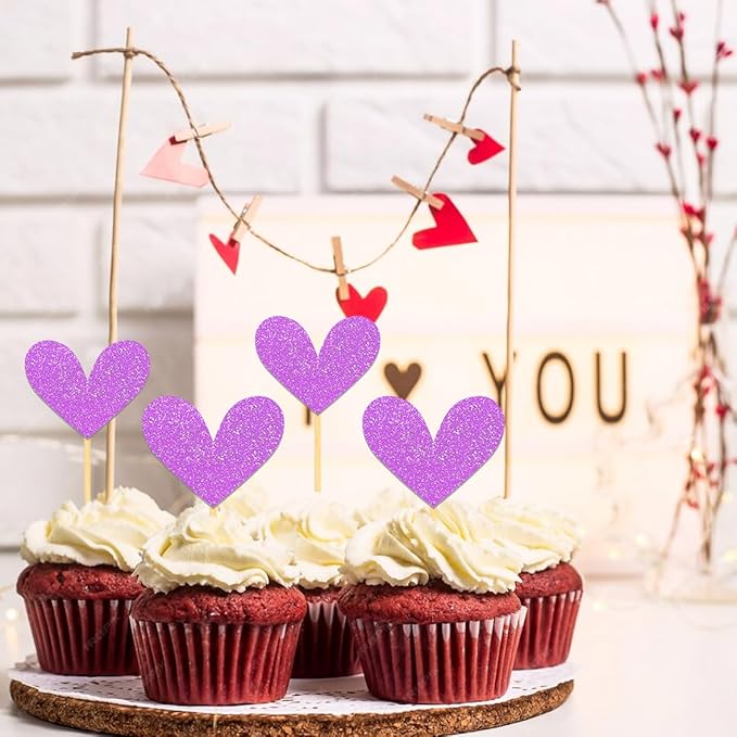 24Pcs Glitter Heart Cupcake Toppers for Valentine's Day Decorations, Mixed Size Double-Sided Heart Valentine's Day Cupcake Toppers for Wedding Bridal Shower Party Decorations (Purple)