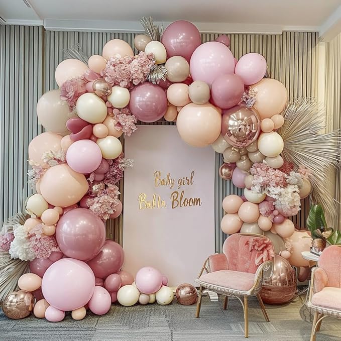 Dusty Pink Rose Balloon Garland Double Stuffed Mauve Light Pink Latex Blush Nude Beige Champagne Gold Balloon Arch Kit for Boho Birthday Baby Bridal Shower Neutral Wedding Party Decor
