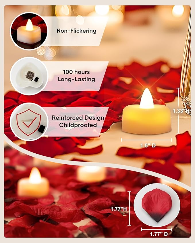 Amagic 4000 Pieces Artificial Rose Petals with 50 Heart LED Tea Lights Candles Kit, Rose Petals and Candles Set for Proposal, Anniversary, Special Romantic Night, Wedding Table Decor