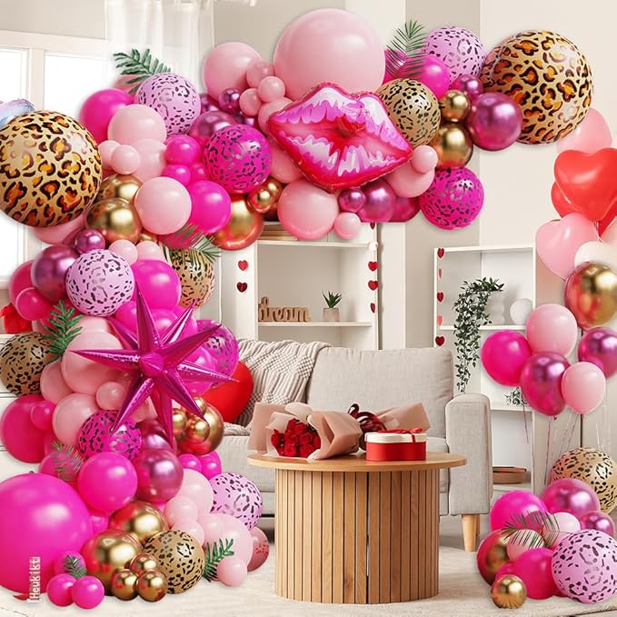 Hot Pink Cheetah Print Balloon Garland Arch Kit, 135pcs Pink Gold Latex Balloons with Lip Leopard Foil Balloon for Women Girls Birthday Bridal Shower Valentines Day Party Decorations