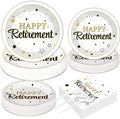 Qyeahkj 200PCS Retirement Party Supplies Happy Retirements Paper Plates Napkins Tableware Set White and Gold Disposable Dinnerware Retired Theme Decoration Favors for Women Men, Serve 50 Guests