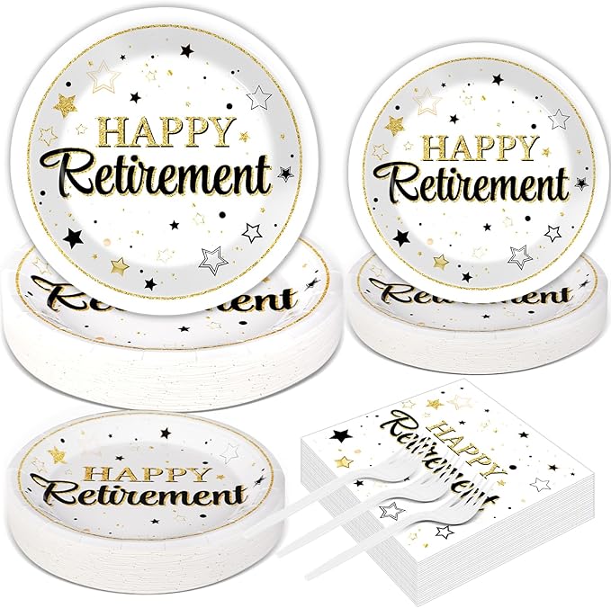 Qyeahkj 200PCS Retirement Party Supplies Happy Retirements Paper Plates Napkins Tableware Set White and Gold Disposable Dinnerware Retired Theme Decoration Favors for Women Men, Serve 50 Guests