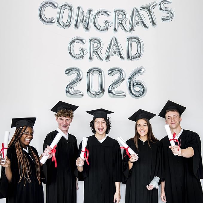 TONIFUL Graduation Balloons 16 Inch Silver Congrats Grad Balloons 16 Inch Silver 2026 Number Foil Balloons for 2026 Graduation Party Graduate Congratulations 2026 Congrats Grad Decorations