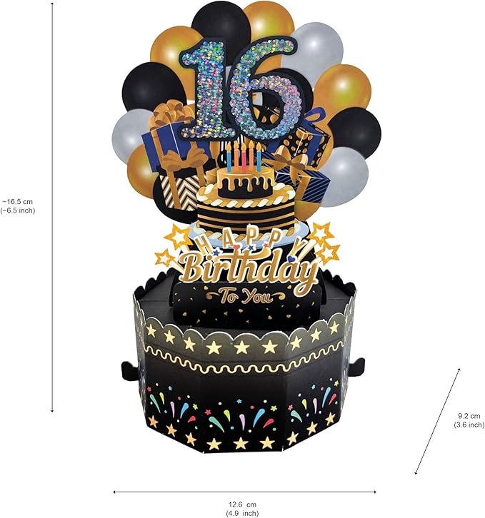 16th Birthday Cards 3D Popup Birthday Greeting Cards - Birthday Greeting Card for Girls and Boys, with Blank Note and Envelope Included (Black Gold)