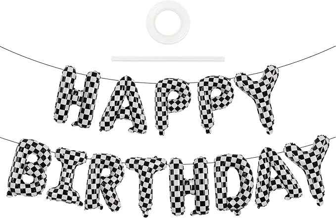 TONIFUL Checkered Happy Birthday Balloons 16 Inch Teal Blue Mylar Foil Letters Birthday Sign Banner Balloon for Girls Boys Kids & Adults Birthday Decorations and Party Supplies