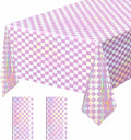 2 Pack Pink and Iridescent Checkered Tablecloth Shiny Disposable Holographic Foil Table Cloth Plastic Laser Rectangle Table Cover for Picnic Birthday Party Race Car Tablecloth