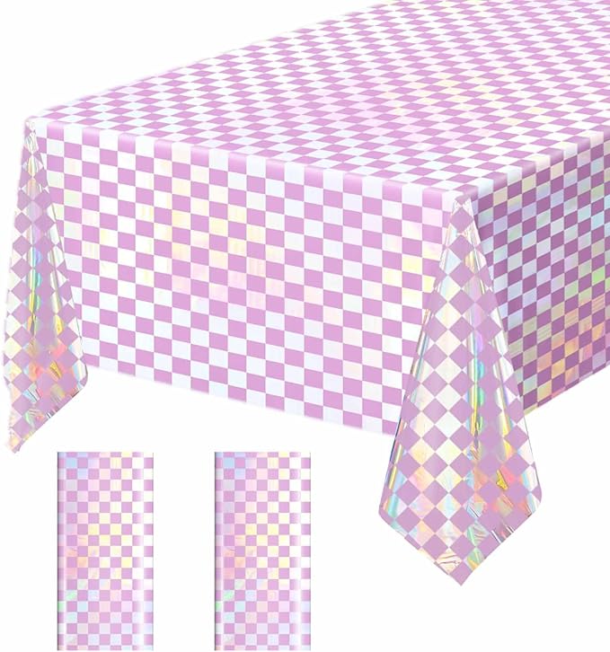 2 Pack Pink and Iridescent Checkered Tablecloth Shiny Disposable Holographic Foil Table Cloth Plastic Laser Rectangle Table Cover for Picnic Birthday Party Race Car Tablecloth