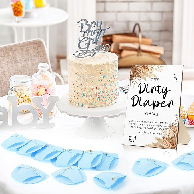 Roowest 51 Pcs Dirty Diaper Baby Shower Games Funny Wooden Sign with 50 Pcs Mini Diapers Cute Felt for Gender Reveal Party Baby Shower(Boho Blue)