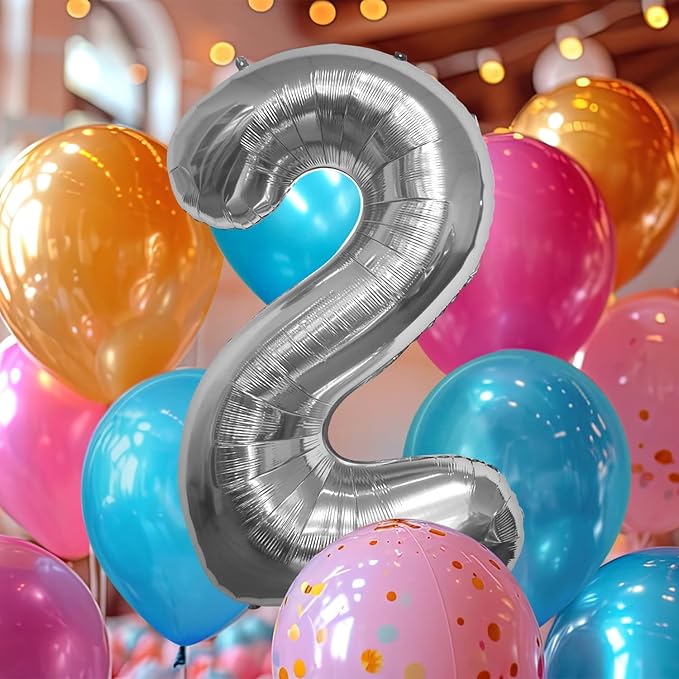 40 Inch Large Silver Number Celebration and Decoration Balloon for Birthday Parties, Graduations, Anniversaries, Weddings, Photo Shoots, Special Events - Helium Foil (Silver Number 2)