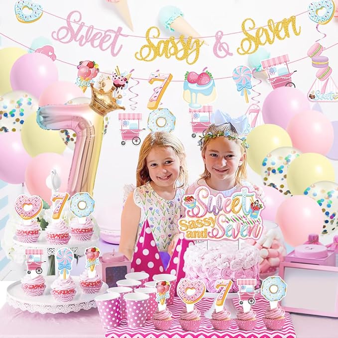 Sweet Sassy And Seven Birthday Decorations- 7th Birthday Decorations For Girls With Donut Banner Sweet Cake Topper 7th Foil Balloon For 7th Donut Themed Party Decor Sweet Seven Party Supplies