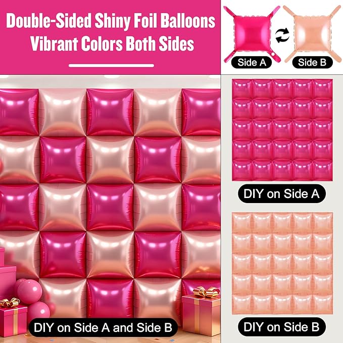 36Pcs Hot Pink and Rose Gold Square Foil Balloons Wall Backdrop, Double Sided Metallic Foil Balloons Tunnel Arch Garland Kit for Photo Booth Birthday Wedding Halloween Christmas Party Decorations