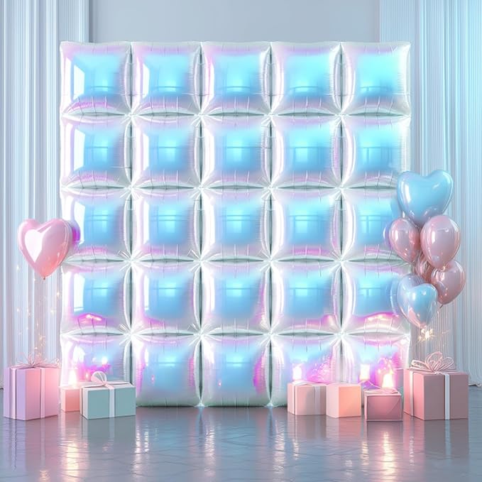 NISOCY 48PCS Iridescent Square Foil Balloons Wall Backdrop Holographic Balloons Tunnel Garland Arch Kit for Birthday Wedding Graduation Bridal Baby Shower New Year Rainbow Party Decorations