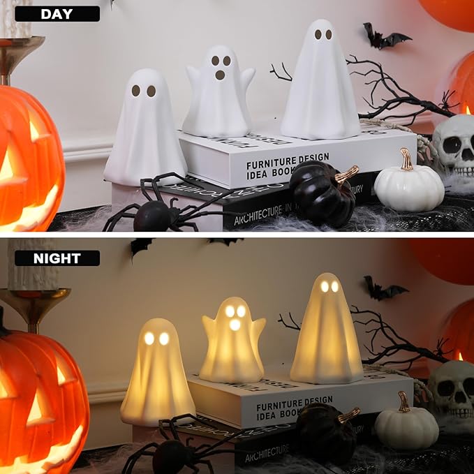 [Timer]Light Up Ghost Halloween Decor, 3 Pack Ceramic Halloween Ghost Decorations Indoor, Ceramic White Ghost Figurines Ghost Statue Cute Ghost Sculpture Spooky Halloween Decor for Home Table Tray