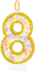 8th Birthday Candle for Cake, Colorful Macaron Numeral Candles for Girls/Boys, Birthday Party Cake Decorations, Golden Cake Topper for Birthday Party Supplies (Number 8)
