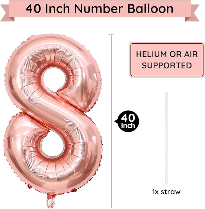 40 Inch Rose Gold Number Balloon 8, Large Number Foil Balloons Mylar for Girl Boy Birthday Party Celebration Decorations Supplies, Digital Balloons for Wedding Anniversary Events Decorations