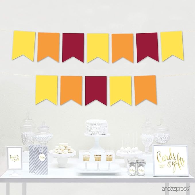 Andaz Press Hanging Pennant Banner with String, Burgundy, Yellow, Orange, 1-Set, 24 Pennants, Approx. 12-Feet Long, Thanksgiving Autumn Fall Theme Colored Supplies