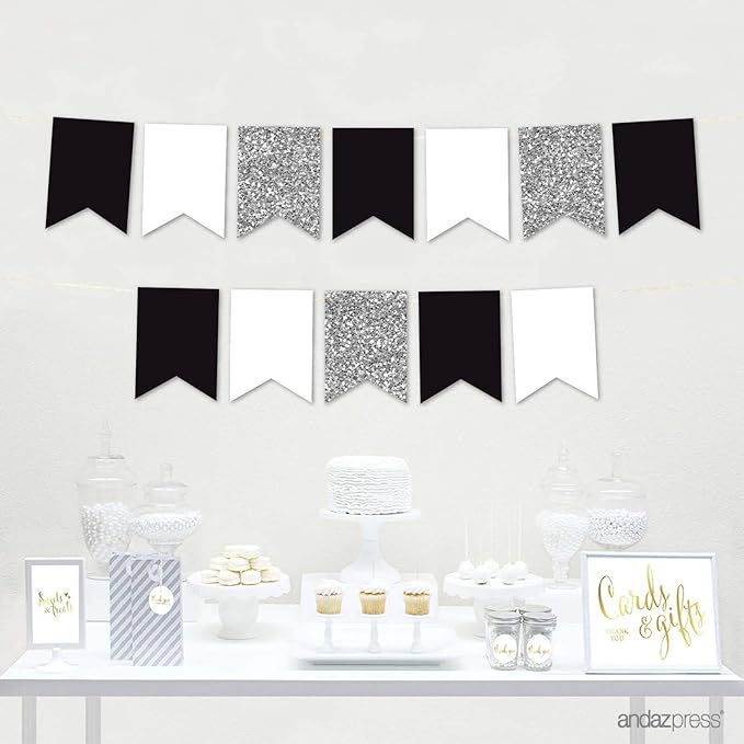 Andaz Press Hanging Pennant Banner with String, Black, White, Silver Glitter, 1-Set, 24 Pennants, Approx. 12-Feet Long